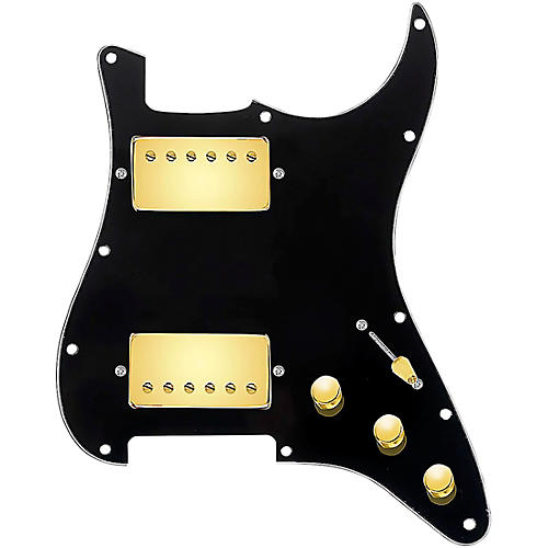 920d Custom Hushed And Humble HH Loaded Pickguard for Strat With Gold Smoothie Humbuckers and S3W-HH Wiring Harness Black