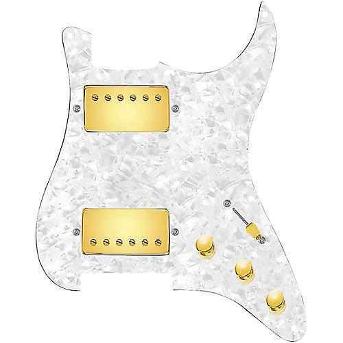 920d Custom Hushed And Humble HH Loaded Pickguard for Strat With Gold Smoothie Humbuckers and S3W-HH Wiring Harness White Pearl