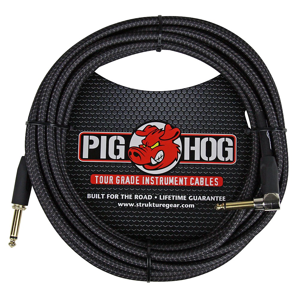 Pig Hog Instrument Cable Woven 1/4 In. to 1/4 In. Right Angle 20 ft. Woven Black