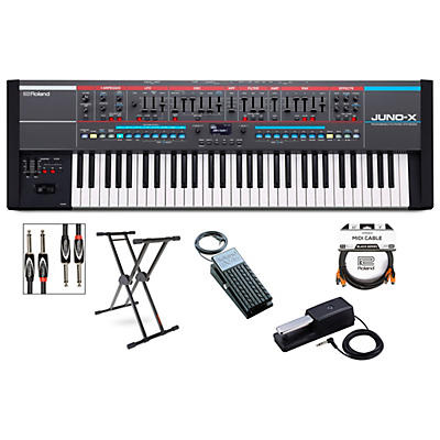Roland JUNO-X Keyboard With KS-20X Stand, DP-10 and EV-5 Pedals Plus Black Series Audio and MIDI Cables
