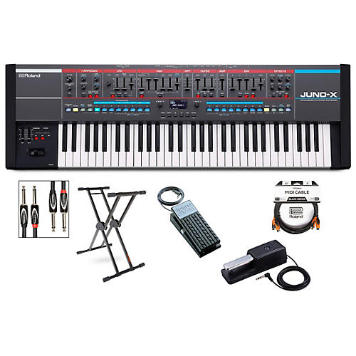 Roland JUNO-X Keyboard With KS-20X Stand, DP-10 and EV-5 Pedals, Plus Black Series Audio and MIDI Cables