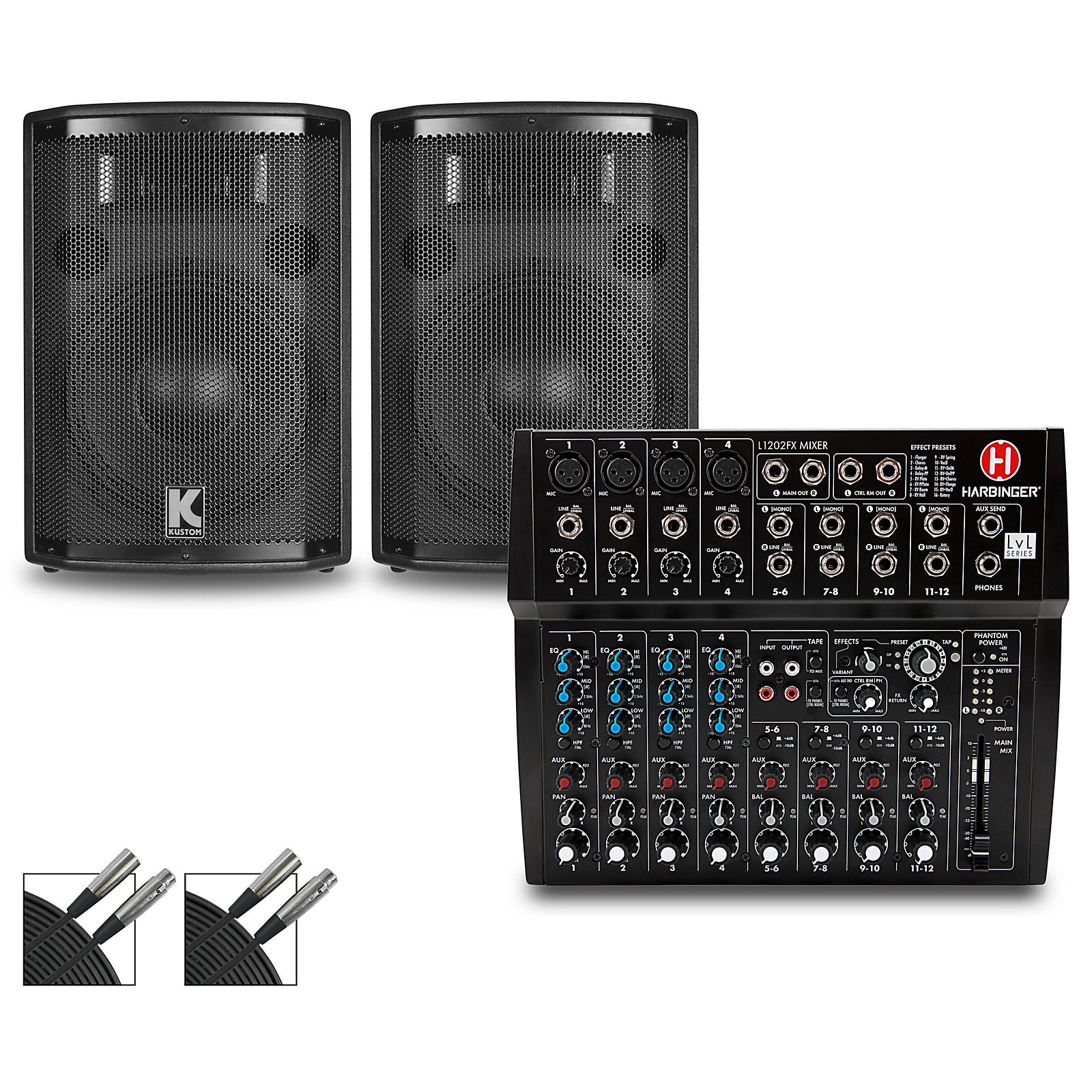 Harbinger L1202FX Mixer and Kustom HiPAC Speakers 10" Mains Musician