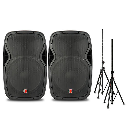 Harbinger VARI V1015 Powered Speakers and Stands Package