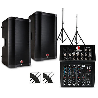 Harbinger L802 Mixer Package With VARI V2300 Series Speakers, Stands and Cables,