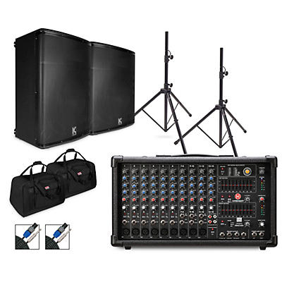 Harbinger LP9800 Powered Mixer Package With Kustom KPX Passive Speakers, Stands, Cables and Tote Bags