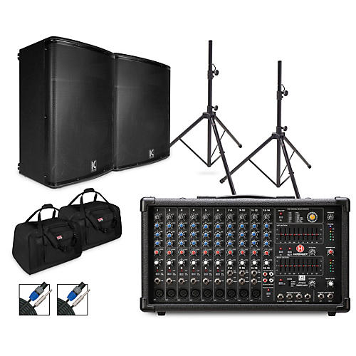 Harbinger LP9800 Powered Mixer Package With Kustom KPX Passive Speakers, Stands, Cables and Tote Bags 12