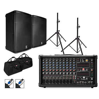 Harbinger LP9800 Powered Mixer Package With Kustom KPX Passive Speakers, Stands, Cables and Tote Bags