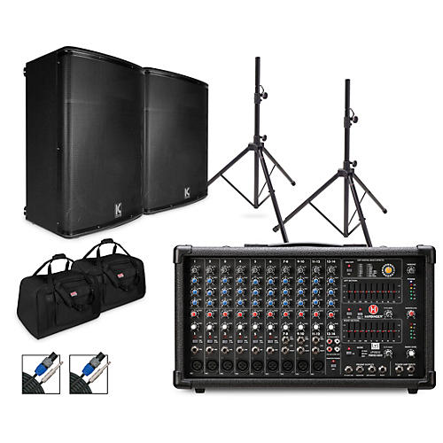 Harbinger LP9800 Powered Mixer Package With Kustom KPX Passive Speakers, Stands, Cables and Tote Bags 15