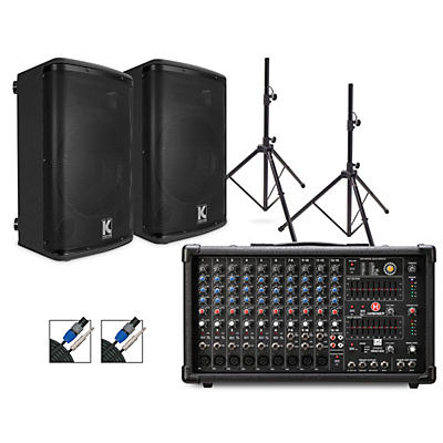 Harbinger LP9800 Powered Mixer Package with Kustom KPX10 Passive Speakers, Stands and Cables