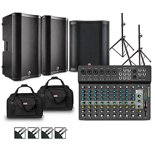 Harbinger LV12 Mixer Package With VARI V4100 Powered Speakers, VARI2318S Subwoofer, Stands, Cables, and Tote Bags 12