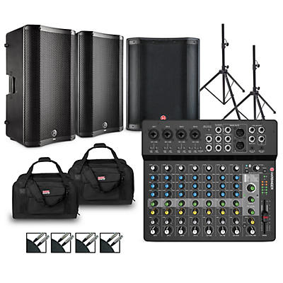 Harbinger LV12 Mixer Package With VARI V4100 Powered Speakers, VARI2318S Subwoofer, Stands, Cables, and Tote Bags