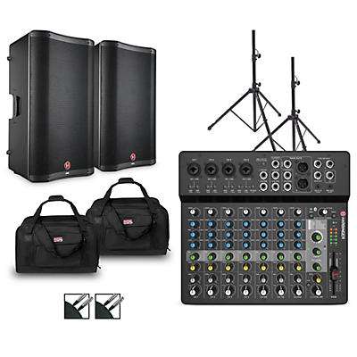 Harbinger LV12 Mixer With VARI V2300 Powered Speakers, Stands, Cables and Tote Bags