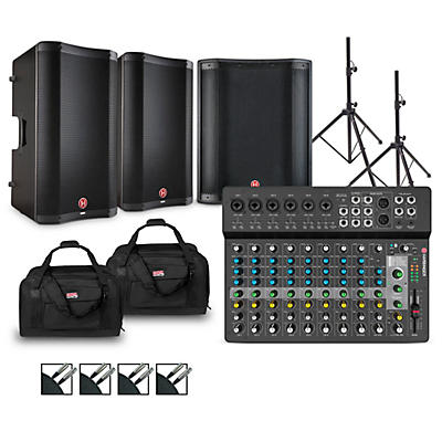 Harbinger LV14 Mixer Package With VARI V2300 Powered Speakers, VARI 2318S Subwoofer, Stands, Cables and Tote Bags