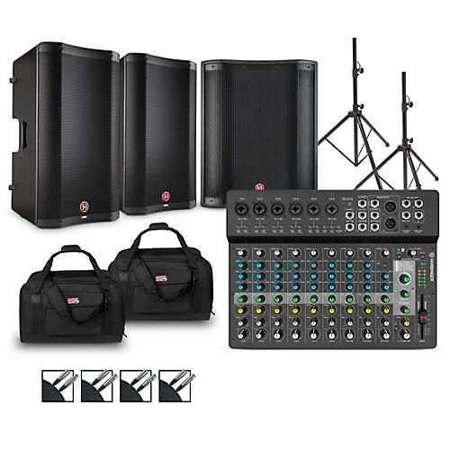 LV14 Mixer Package With VARI V2300 Powered Speakers, VARI 2318S Subwoofer, Stands, Cables and Tote Bags