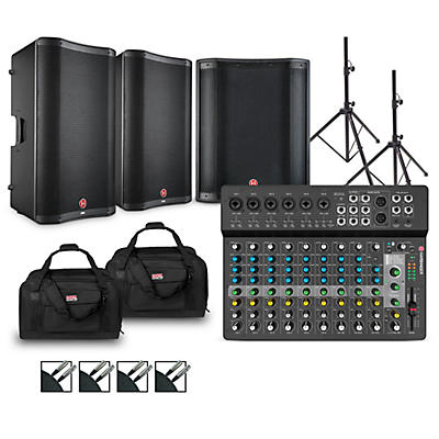 Harbinger LV14 Mixer Package with VARI V2300 Powered Speakers, VARI 2318S Subwoofer, Stands, Cables and Tote Bags