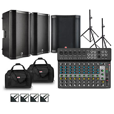 Harbinger LV14 Mixer Package with VARI V4100 Powered Speakers, VARI2318S Subwoofer, Stands, Cables and Tote Bags