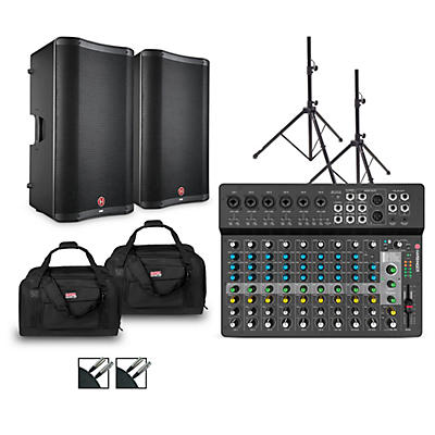 Harbinger LV14 Mixer With VARI V2300 Powered Speakers, Stands, Cables and Tote Bags