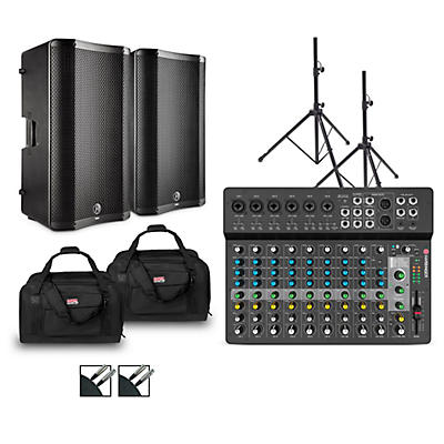 Harbinger LV14 Mixer With VARI V4100 Powered Speakers, Stands, Cables and Tote Bags