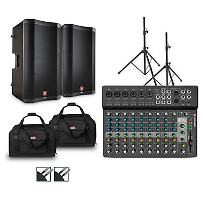 Harbinger LV14 Mixer with VARI V2300 Powered Speakers, Stands, Cables and Tote Bags