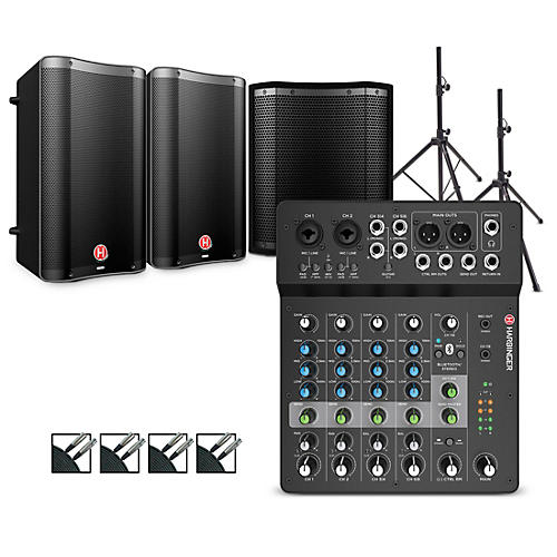 Harbinger LV8 Mixer Package With VARI V2300 Powered Speakers, S12 Subwoofer, Stands and Cables 10