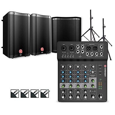 Harbinger LV8 Mixer Package With VARI V2300 Powered Speakers, S12 Subwoofer, Stands and Cables
