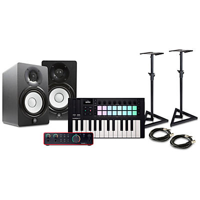 Novation Launchkey MK4 Keyboard Controller With Focusrite 2i2 USB Audio Interface & Yamaha HS5 5" Studio Monitor Pair Package (Cables/Stands Included) -
