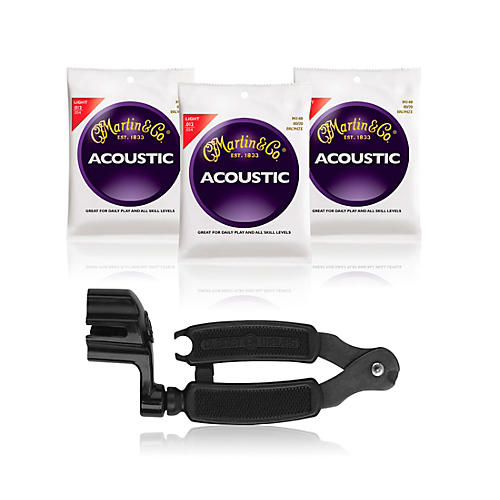 M140 80/20 Bronze Light Acoustic Guitar Strings 3-Pack with Pro-Winder String Winder/Cutter
