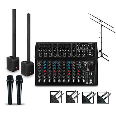 Harbinger MLS900 Personal Line Array Pair with Harbinger L1402 Mixer and Cables Mics and Stands