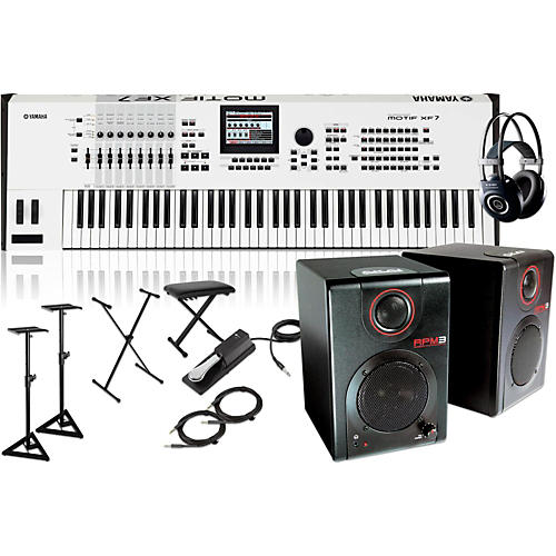 MOTIF XF7 White 76-Key Music Production Synth w/RPM3 Monitor, Stand, Headphone, Bench, Sustain Pedal