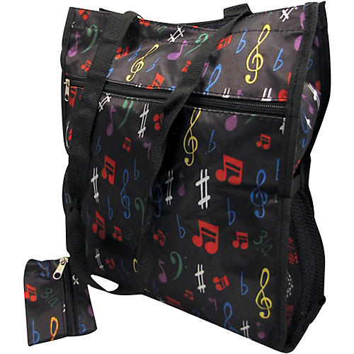 Music Notes Satin Zip To Tote Bag With Change Purse - Black