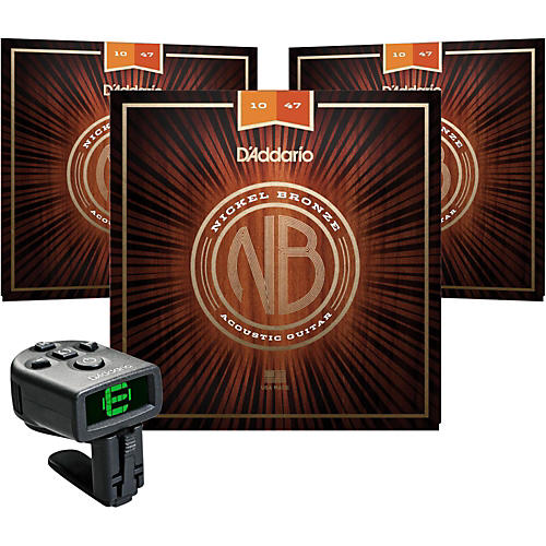 D'Addario NB1047 Nickel Bronze Extra Light Acoustic Strings 3-Pack with FREE NS Micro Headstock Tuner