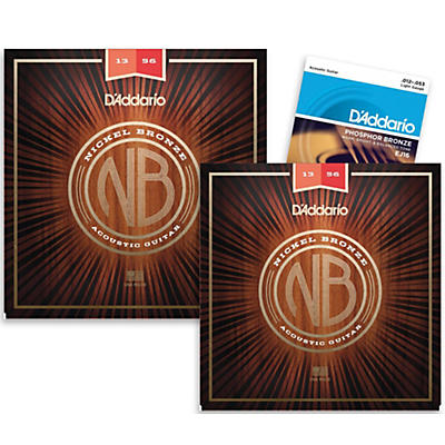 D'Addario NB1356 Nickel Bronze Medium Acoustic Strings 2-Pack With EJ16 Phosphor Bronze Light Acoustic Strings Single Pack