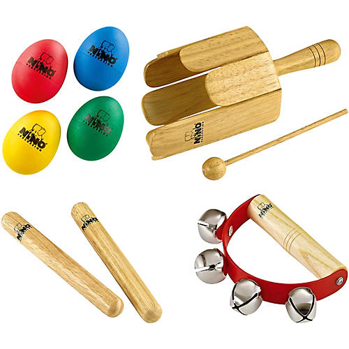 Nino NP-3 Percussion Pack with 4-Piece Egg Shaker Set, Wood Stirring Drum, Claves and Free Sleigh Bells