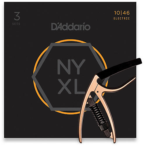D'Addario NYXL1046 Light 3-Pack Electric Guitar Strings and NS Reflex Capo Antique Bronze