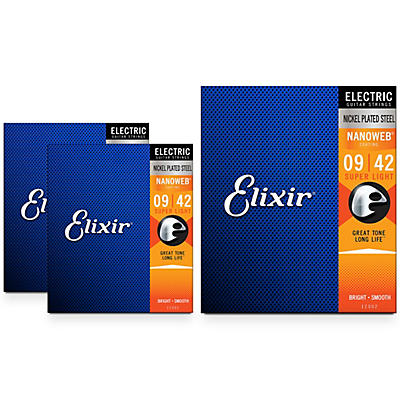 Elixir Nanoweb Electric Guitar Strings, Super Light  (9-42) 3-Pack