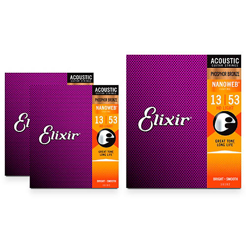 Elixir Nanoweb HD Light Phosphor Bronze Acoustic Guitar Strings 3 Pack