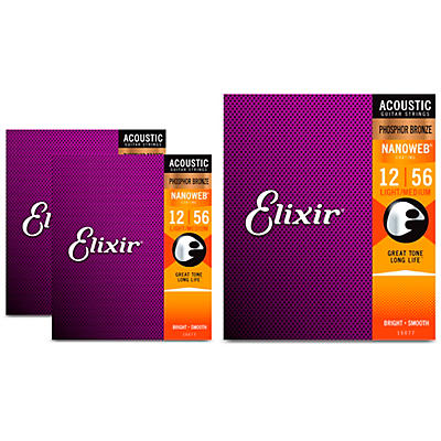 Elixir Nanoweb Light/Medium Phosphor Bronze Acoustic Guitar Strings 3 Pack
