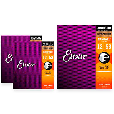 Elixir Nanoweb Light Phosphor Bronze Acoustic Guitar Strings 3 Pack