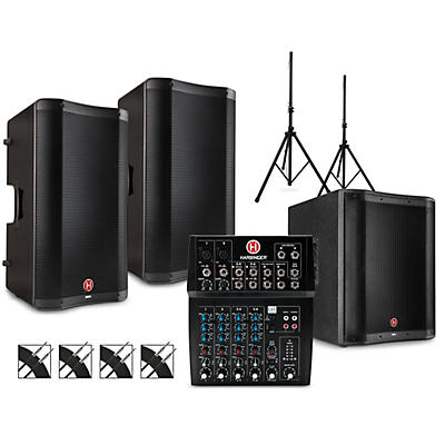 Harbinger PA Package with L802 Mixer, VARI V2300 Series Speakers, V2318S Subwoofer, Stands and Cables