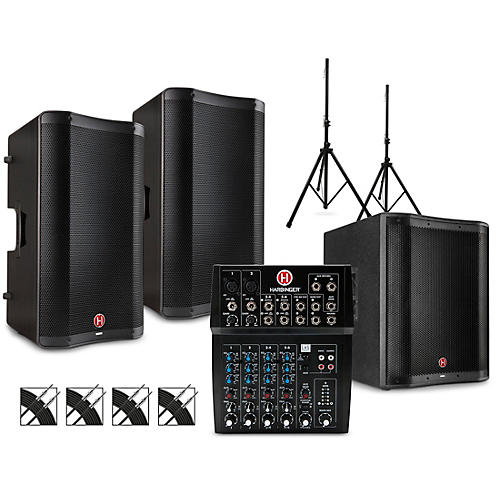 Harbinger PA Package with L802 Mixer, VARI V2300 Series Speakers, V2318S Subwoofer, Stands and Cables 12