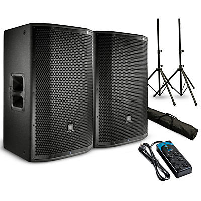 JBL PRX812W Powered 12" Speaker Pair with Stands and Power Strip