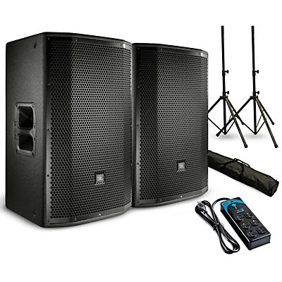 JBL PRX815W Powered 15" Speaker Pair With Stands and Power Strip