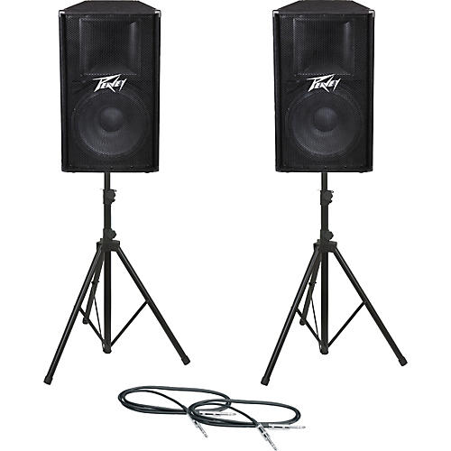 Peavey PV115 Speaker Pair with Stands and Cables