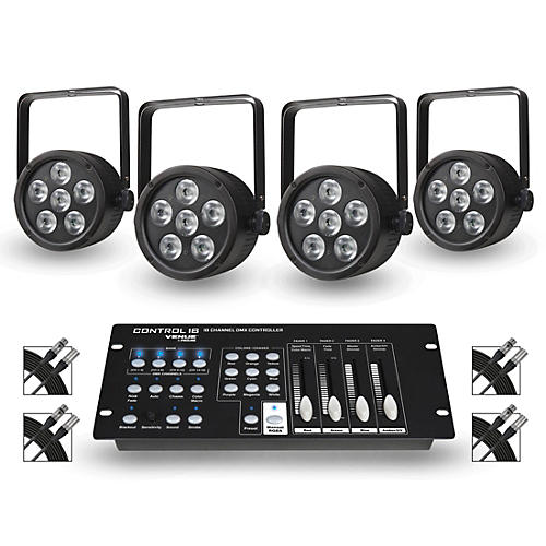 Package of 4 ThinTri38 Tricolor LED Par Wash Lights with Control16 DMX Controller and Cables