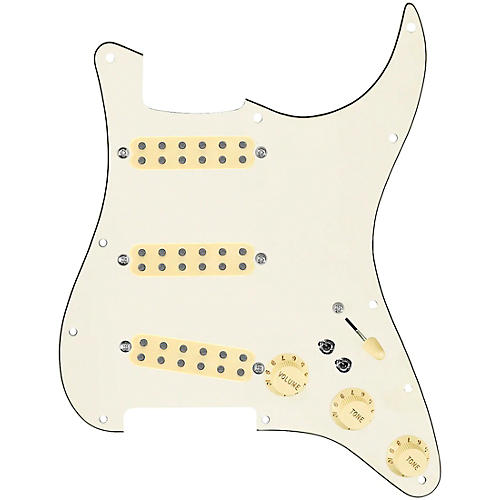 920d Custom Polyphonic Loaded Pickguard for Strat With Aged White Pickups and Knobs and S7W-2T Wiring Harness Parchment