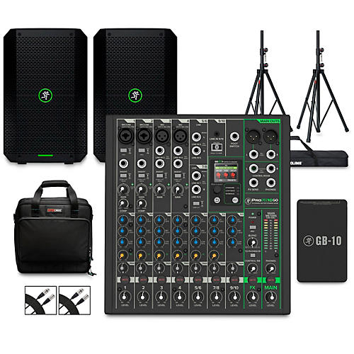 Mackie ProFX10GO Battery-Powered Mixer Bundle With Thump GO Speakers, Extra Battery, Stands, Cables & Mixer Bag