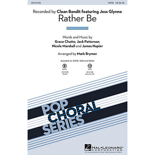 Hal Leonard Rather Be SSAA by Clean Bandit Arranged by Mark Brymer
