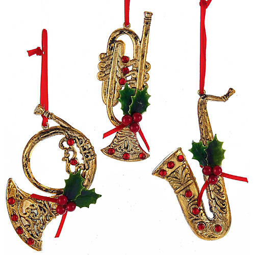 Red/Gold Musical Instrument With Holly/Red Gem Ornaments 3/Assorted
