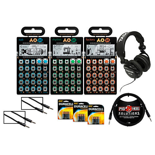 Rhythm, Sub, and Factory Pocket Operators with Batteries, Headphones, and Cables