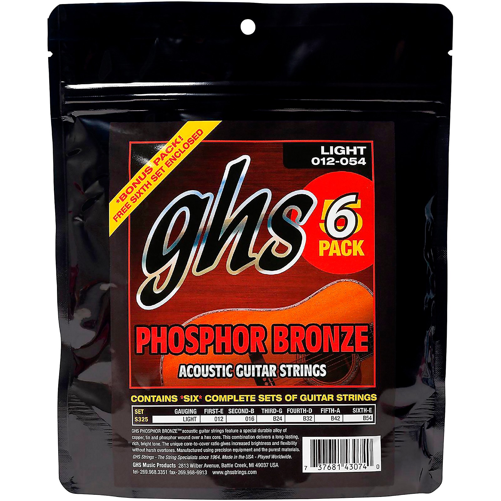 GHS S325 Phosphor Bronze Light Acoustic Guitar Strings 6Pack